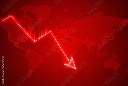 Global economic crisis concept with red downward arrow and world map, financial crash and market decline background

