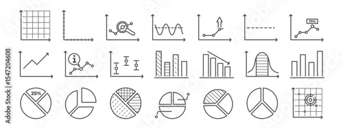 Icon set of line chart and pie diagram elements. Collection includes chart, graph, statistic, line, analysis, report visuals. Data tools for infographic, dashboard. Vector illustration.
