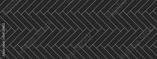 Herringbone tile pattern with black floor elements and white joints. Seamless texture suitable for backgrounds, prints, and templates. Simple linear structure. Vector.