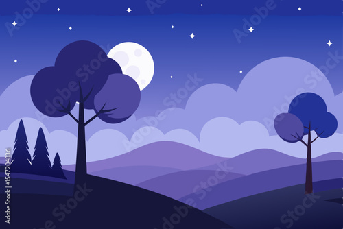 Moon and stars fill the dark night sky over a serene landscape with a lone tree silhouette