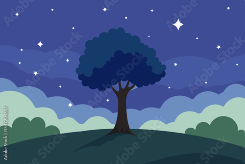 Night landscape illustration featuring a lone tree and the moon, with green grass and a cloudy sky