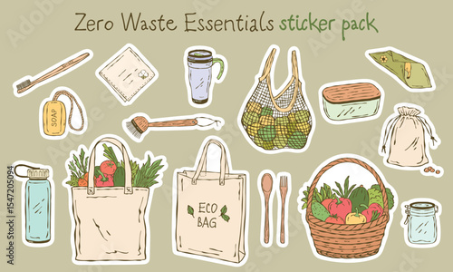 A colorful set of stickers in vector doodle-sketch style with zero waste items, including reusable bags, bottles, containers, natural accessories, and a fresh vegetable basket