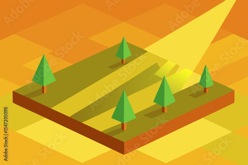 Isometric Illustration of a Sunny Meadow with Evergreen Trees