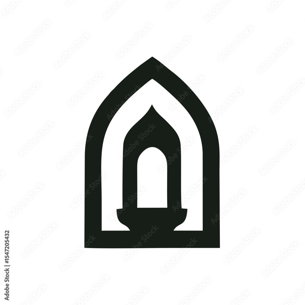 Fototapeta premium Minimalist Lantern Inside Arch Logo — Black and White Islamic-Inspired Vector, A clean vector logo featuring a traditional lantern silhouette enclosed within a pointed arch frame, all rendered in blac