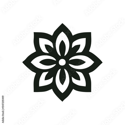 Geometric Eight-Petal Flower Logo — Minimal Black and White Mandala Emblem,A refined vector logo featuring a black symmetrical flower composed of eight pointed petals with hollow centers, radiating ar