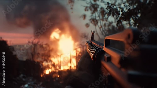 Wallpaper Mural Point Of View of Weapon Aimed At A Blazing Fire with Smoke at Sunset and Trees Surrounding Intense Military Conflict Torontodigital.ca