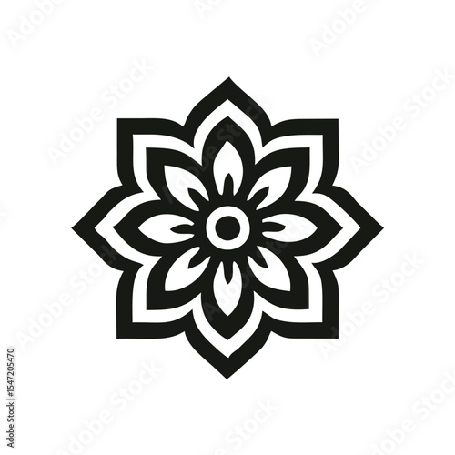 Geometric Mandala Flower Logo — Symmetrical Black and White Vector Emblem,A striking black and white vector logo featuring a symmetrical mandala-style floral pattern. The design radiates from a centra