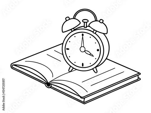 Alarm Clock on Open Book Line Drawing