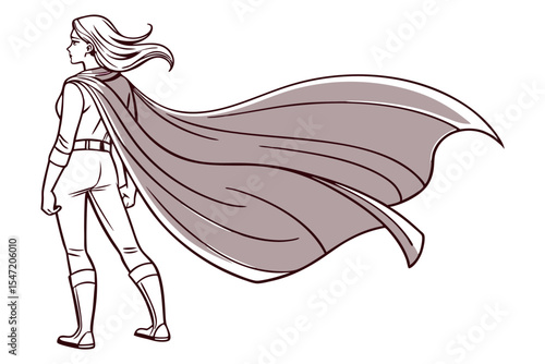 Superhero Woman Standing with Cloak Flowing Line Art