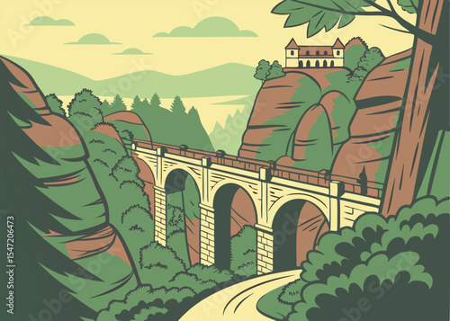 Bastei Bridge in Saxon Switzerland, Germany – Vector Illustration