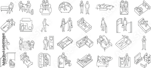 Isometric line drawing of people in daily activities, indoor lifestyle vector illustration, modern minimal furniture interaction concept, healthcare, business, rest, and communication scenes
