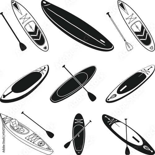 Paddleboard Silhouette, Paddle Board Vector SVG, SUP boarding design elements, Kayaks and Paddles Silhouette