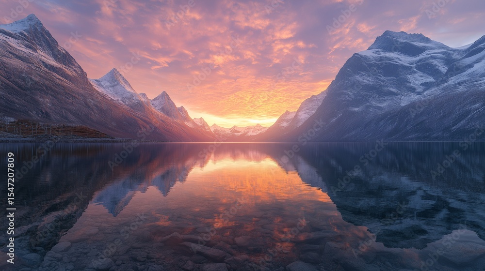 Obraz premium Beautiful sunrise over the snow-capped mountains and tranquil lake, reflecting the morning sky