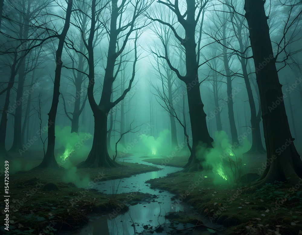 Fototapeta premium Mysterious forest scene with green glowing fog and serpentine stream amidst trees