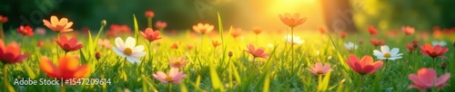 Late afternoon sun casts long shadows across vibrant paper flowers scattered on a lush meadow , paper flower, field, green