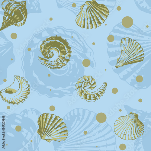 Aquamarine sea shells seamless printable pattern. Hand drawn organic fossil pattern ideas for backdrops, home decor, textile, poster, banner, templates, brochure, carpet and rugs.