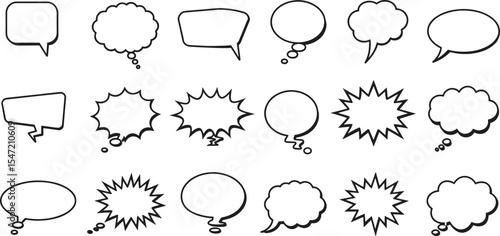 Speech bubble set, thought balloon collection, comic style outlines, cartoon text cloud, dialogue shapes, empty talk boxes, graphic vector symbols, communication doodle illustration