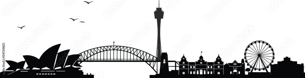 Naklejka premium Sydney city skyline silhouette with famous landmarks, Harbour Bridge, Opera House, city tower, urban landscape vector illustration for travel, architecture, tourism, and Australia theme