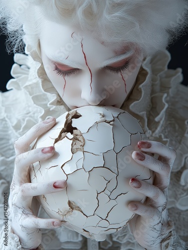 White figure holding cracked porcelain egg