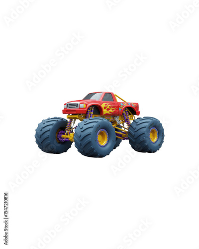 Red cartoon monster truck with flame decals
