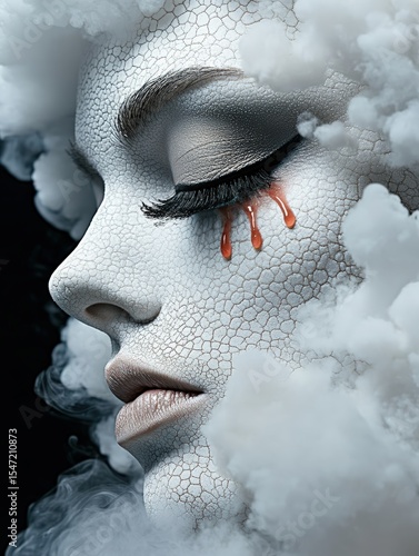 Surreal porcelain face with smoky clouds and red tears