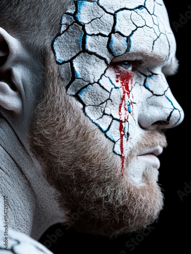 Bearded man with cracked porcelain skin and red tear