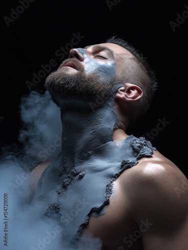 Man covered in textured clay with eyes closed