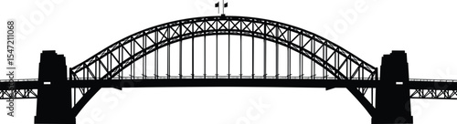 Sydney Harbour Bridge silhouette, iconic steel arch, black and white vector, architectural structure, Australia landmark, urban design, travel destination, famous bridge, engineering marvel