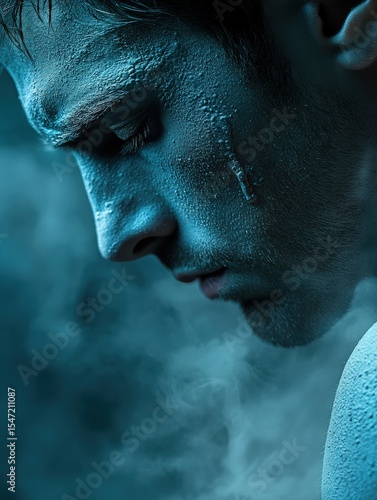 Blue-toned portrait of man with textured skin and mist