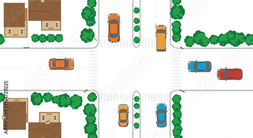 Top view city road intersection with cars, truck, houses, trees, urban traffic layout, crosswalks, street lanes and residential neighborhood vector illustration