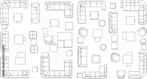 Top view furniture layout, modern living room set, sofa arrangement plan, interior design sketch, couch chair table vector, architectural seating layout blueprint