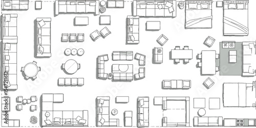Top view furniture collection, modern interior layout elements, sofas, beds, tables, chairs, decor symbols for architecture floor plan, vector illustration design assets