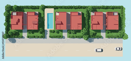 Top view modern residential neighborhood with houses, swimming pool, garden, driveway, street road, trees, greenery, real estate property, urban planning design