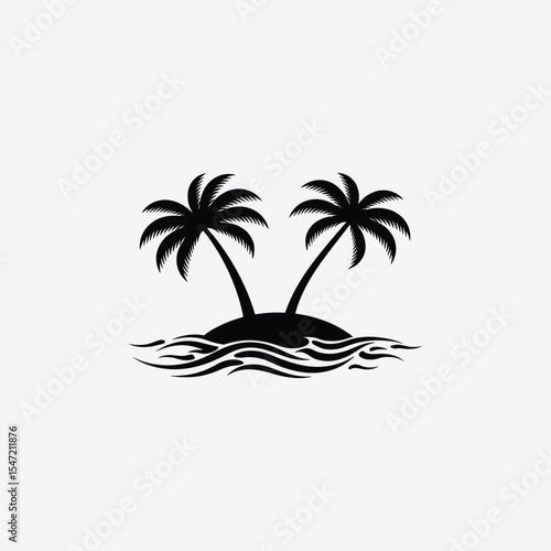 Wallpaper Mural Stylized palm tree silhouette on island with black waves. Flat, minimal, tropical vector perfect for beach, vacation, or summer designs. Bold, graphic, and symbolic in black and white. Torontodigital.ca