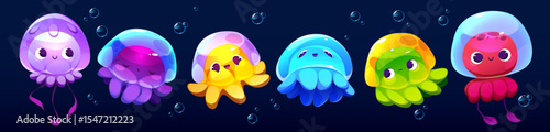 Rainbow cartoon jellyfish medusa set - adorable sea creatures with translucent dome heads and flowing tentacles. Colorful underwater characters with bubbles for marine games or kids ocean materials.