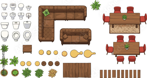 Top view vector furniture set, bathroom and living room layout, interior design icons, dining tables, sofas, toilets, plants, decor for architecture plans