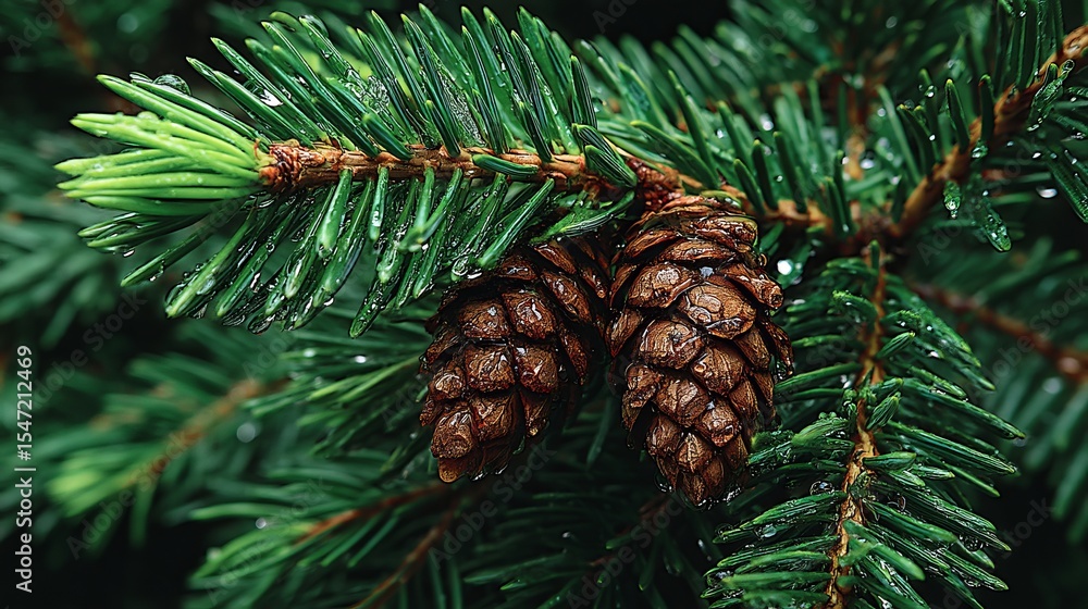 Close-up of pine tree branches with pinecones and green needles Close-up of pine tree branches with pinecones and green needles
