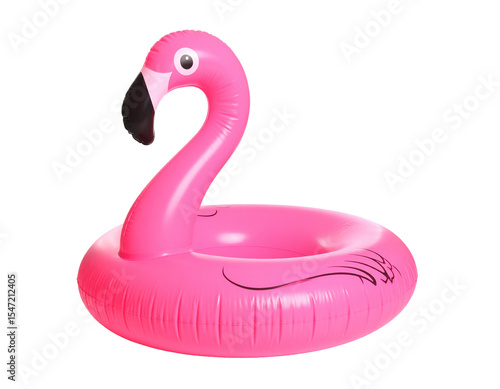 Pink inflatable flamingo pool float isolated on white background.