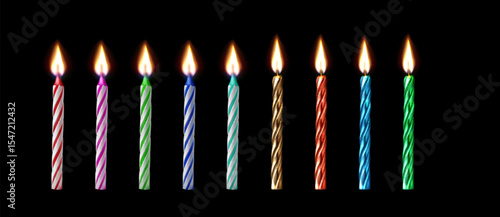 Colorful 3d birthday candle set with lit flames - realistic metallic twisted and striped spiral designs in various festive colors for cake decorating, party invitations or celebration greeting cards.