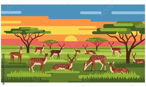 African Savannah Landscape with Spotted Deer Herd at Sunset, A serene horizontal illustration of an African savannah at sunset, featuring a herd of spotted deer grazing 