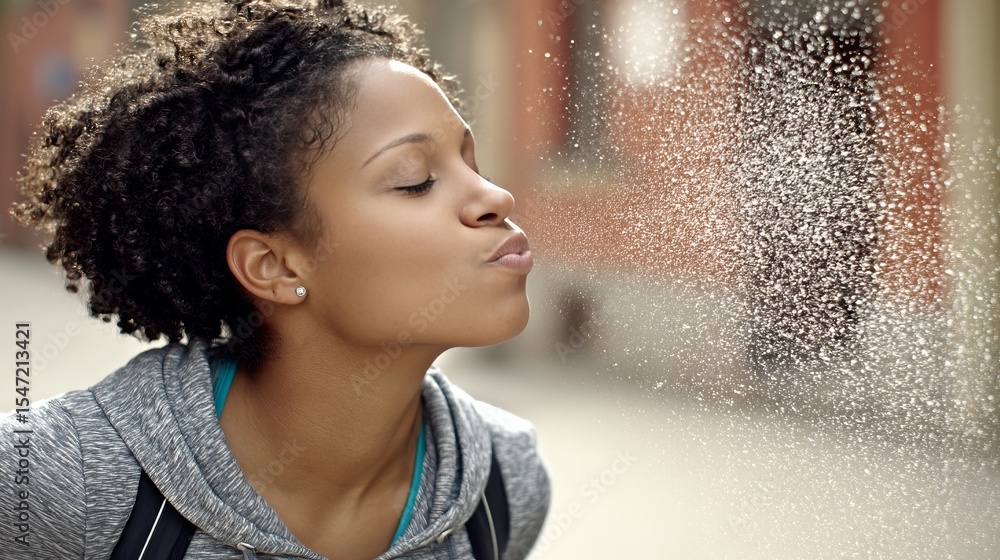 Fototapeta premium Woman with curly hair blows dust or powder from her face outdoors in a close-up shot