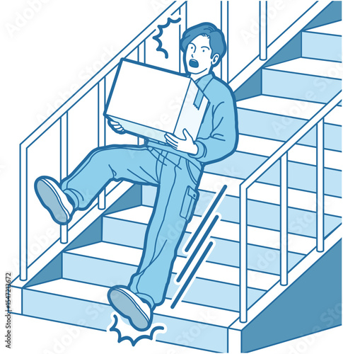 ヒヤリハット　男性　作業員　転倒災害　転倒事故　階段を踏み外す　階段で転ぶ　線画