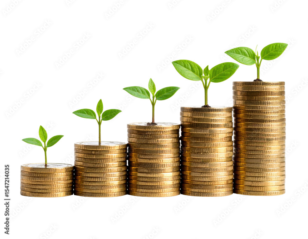Growing green plants on stacks of coins symbolizing real estate investment and financial growth isolated on white background Growing green plants on stacks of coins symbolizing real estate investment and financial growth isolated on white background