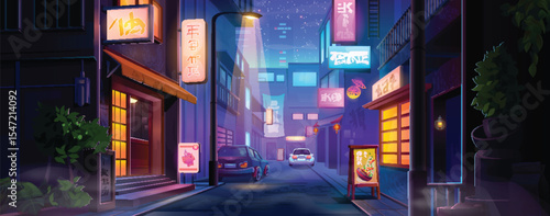 Downtown street neon night scene - urban alley with glowing shop signs, lanterns and colorful windows. Cars parked near cafe under starlit sky for cyberpunk gaming cityscapes or lofi aesthetic artwork