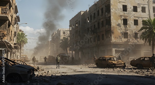 Explosive building destruction occurs in urban landscape during daylight hours