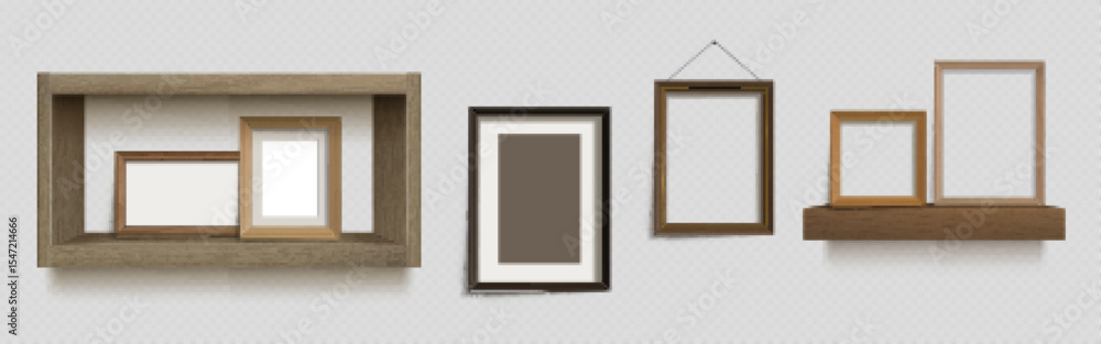Wooden photo frame collection on wall shelf - empty picture borders in various sizes displayed on ledge and hung. Interior decor mockup for gallery arrangement, home decoration or memory showcase.
