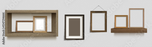 Wooden photo frame collection on wall shelf - empty picture borders in various sizes displayed on ledge and hung. Interior decor mockup for gallery arrangement, home decoration or memory showcase.