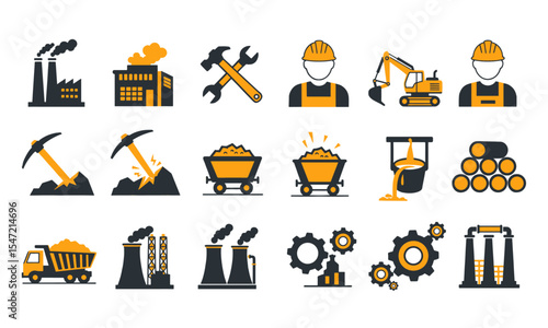 Comprehensive Industrial, Mining, and Engineering Icon Set. Ideal for illustrating industrial processes, manufacturing, construction, resource extraction, energy, engineering, business, infographics.