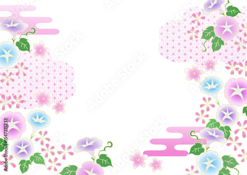 Japanese pattern morning glory vector background material transparent background Japanese summer purple 和柄 朝顔の背景ベクター素材 日本の夏 ピンク 透過背景