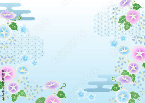 Japanese pattern morning glory background vector material Japanese summer light blue 和柄 朝顔の背景ベクター素材 日本の夏 水色